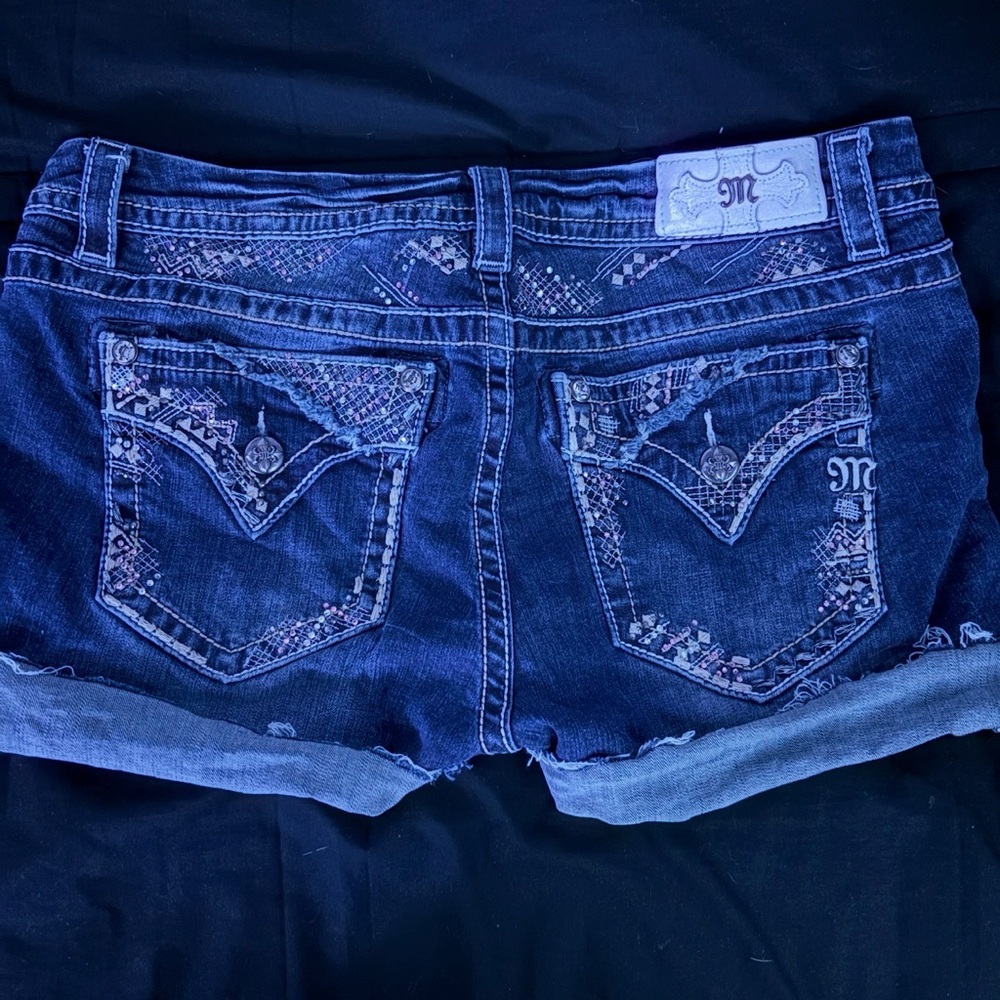 Miss Me Dark Blue Jean Shorts with Embellished Pockets